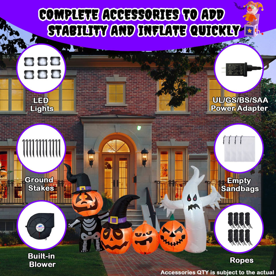 B&D 4ft Outdoor Halloween Luminous Inflatable Pumpkin Ghost Family Yard Display Built-in LED Lights