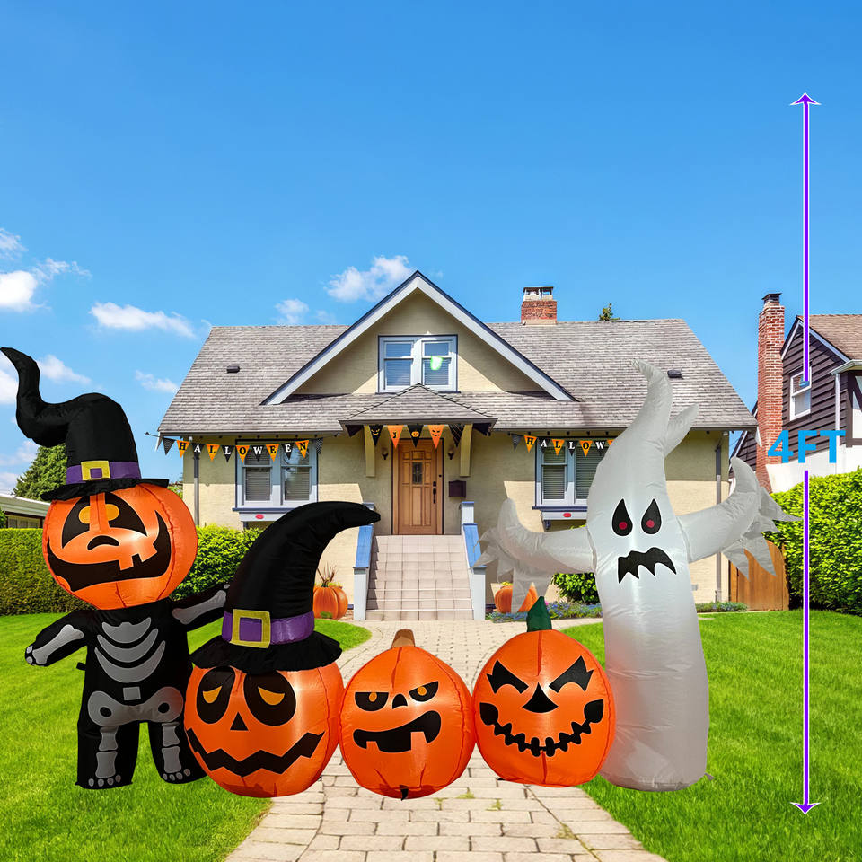 B&D 4ft Outdoor Halloween Luminous Inflatable Pumpkin Ghost Family Yard Display Built-in LED Lights