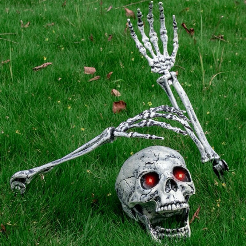 Halloween Skeleton Stakes with Glowing Red Eyes, Lifelike Skull and Arm Bones Yard Decor for Lawn, Garden, Spooky Party Props