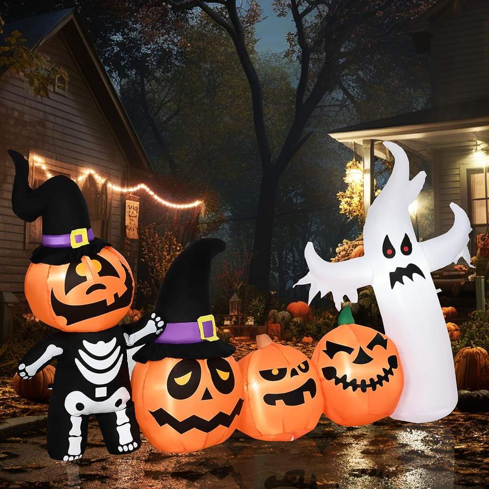 B&D 4ft Outdoor Halloween Luminous Inflatable Pumpkin Ghost Family Yard Display Built-in LED Lights