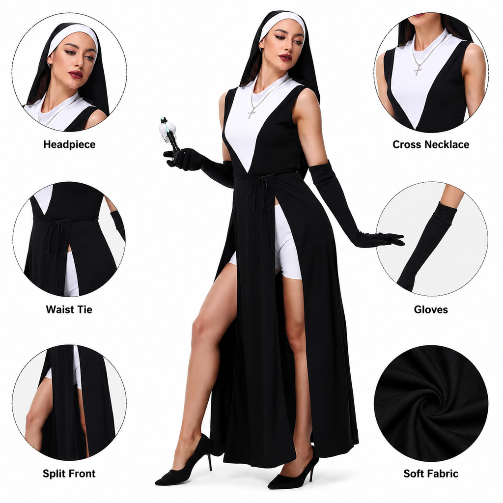 Gothic Dark Nun Costume High Slit Maxi Dress
