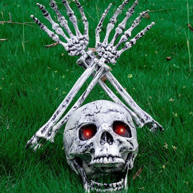 Halloween Skeleton Stakes with Glowing Red Eyes, Lifelike Skull and Arm Bones Yard Decor for Lawn, Garden, Spooky Party Props